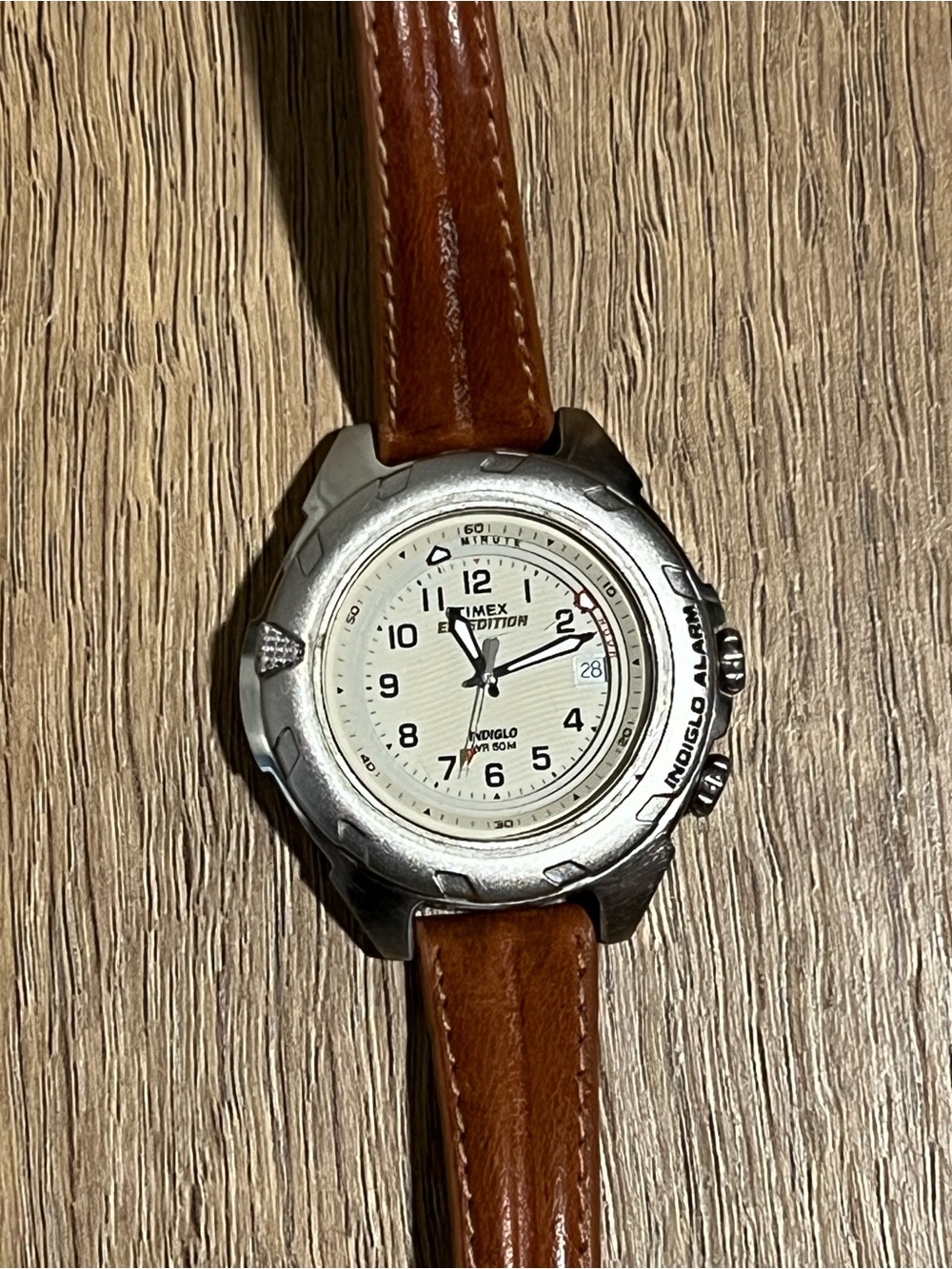 Timex Expedition Vintage Silver Watch with Brown Leather Strap and Cream Dial